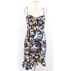 Vtg 2000s Y2k Muse Black London UK Novelty City Print Ruffle Hem Dress Size 6